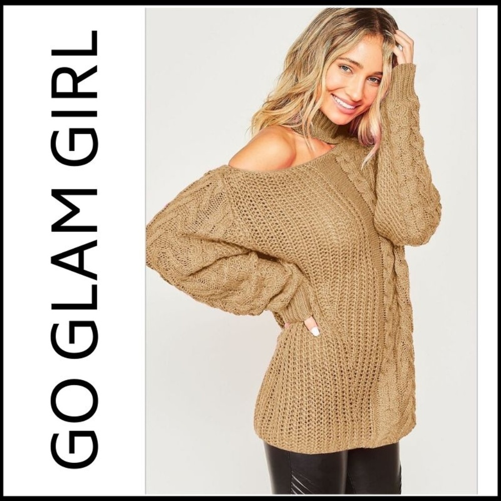 NWT One Shoulder Mock Neck Cable Knit Sweater in Tan, S - Picture 9 of 9